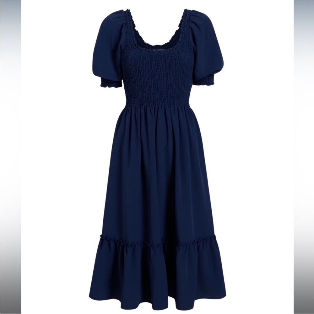 Blue Smocked Midi Sundress with Puff Sleeves